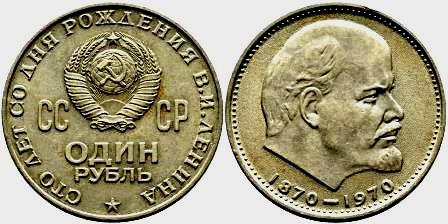 Рублевая монета, выпущенная к 100-летию В.И. Ленина